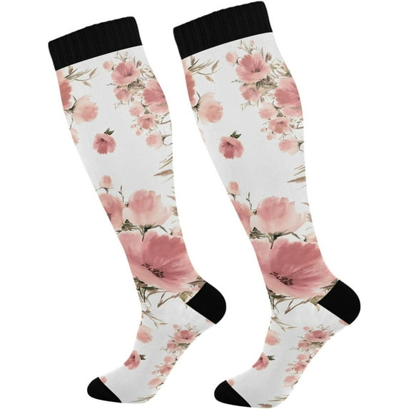 FREEAMG High Elasticity Compression Socks, High Knee Socks Adult Universal Leisure Relieve Fatigue,Beautiful Pink Flowers Floral Bouquet Travel Daily with Running (1 Pair)