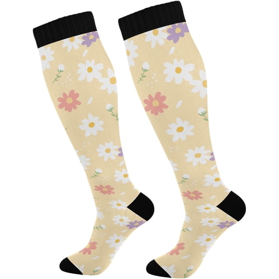 FREEAMG High Elasticity Compression Socks, High Knee Socks Adult Universal Leisure Relieve Fatigue,Colorful Flowers Travel Daily with Running (2 Pair)