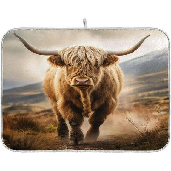 FREEAMG Highland Cow Dish Drying Mat for Kitchen Counter, Ultra Absorbent Reversible Microfiber Dishes Drying Rack Pad Heat-resistant Mats 16x18in