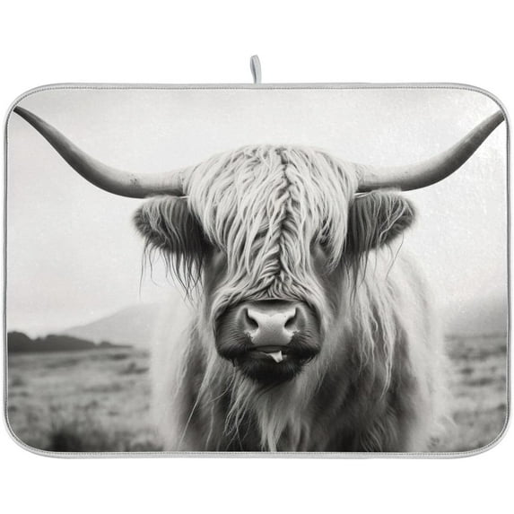 FREEAMG Highland Cow Dish Drying Mat for Kitchen Counter, Ultra Absorbent Reversible Microfiber Dishes Drying Rack Pad Heat-resistant Mats 16x18in