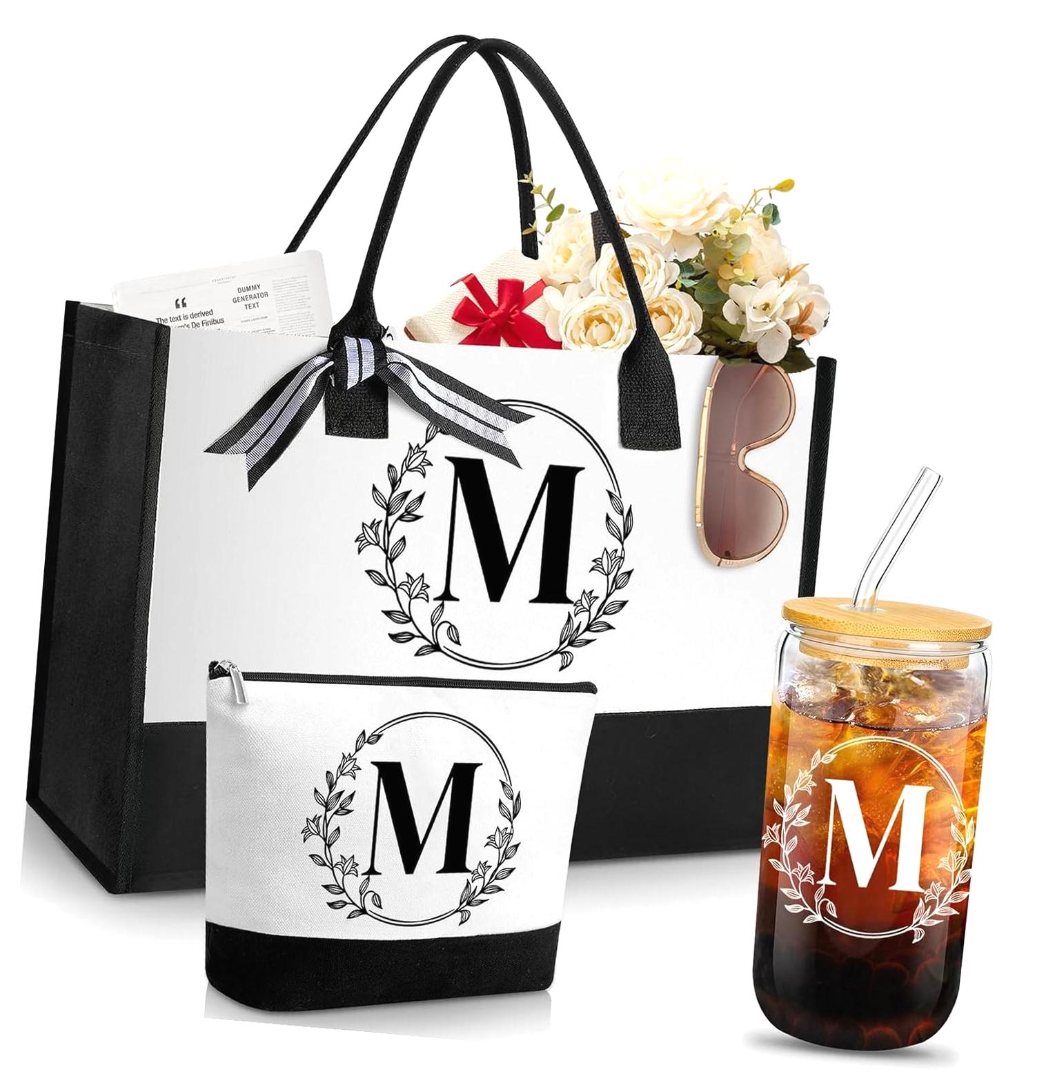 Aliceset Initial Geschenkset Für Frauen – Monogramm Canvas-Tragetasche, Make-up-Tasche & Glas-Kaffeetasse | Personalisiertes Set Mit Initialen