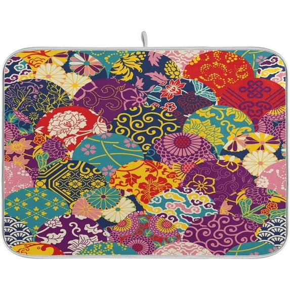 FREEAMG Japanese Patterns Classical Flower Dish Drying Mat for Kitchen Counter,Super Quick Absorbent Composite Sponge Dish Drying Pad,Heat Resistant Non-Slip Rack Tableware Mat, 18"x 24"