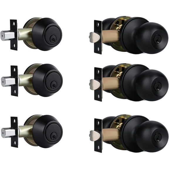 Keyed Alike Exterior Door Knob and Deadbolt Set, Single Cylinder Deadbolt Lock and Door Knob Set, Matte Black Door Locks for Front Door(3Pack Set)