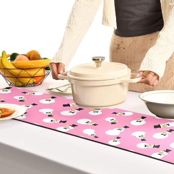 FREEAMG Long Trivet Heat Resistant Table Runner Christmas Snowman Non Slip Table Protector Waterproof Easy to Clean Pink Hot Pads Pot Holders Durability Versatility