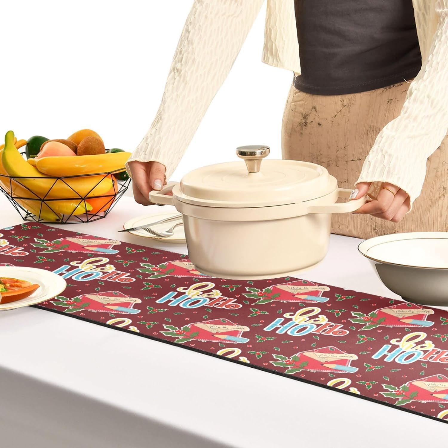 FREEAMG Long Trivet Heat Resistant Table Runner Cute Hohoho Letter Non