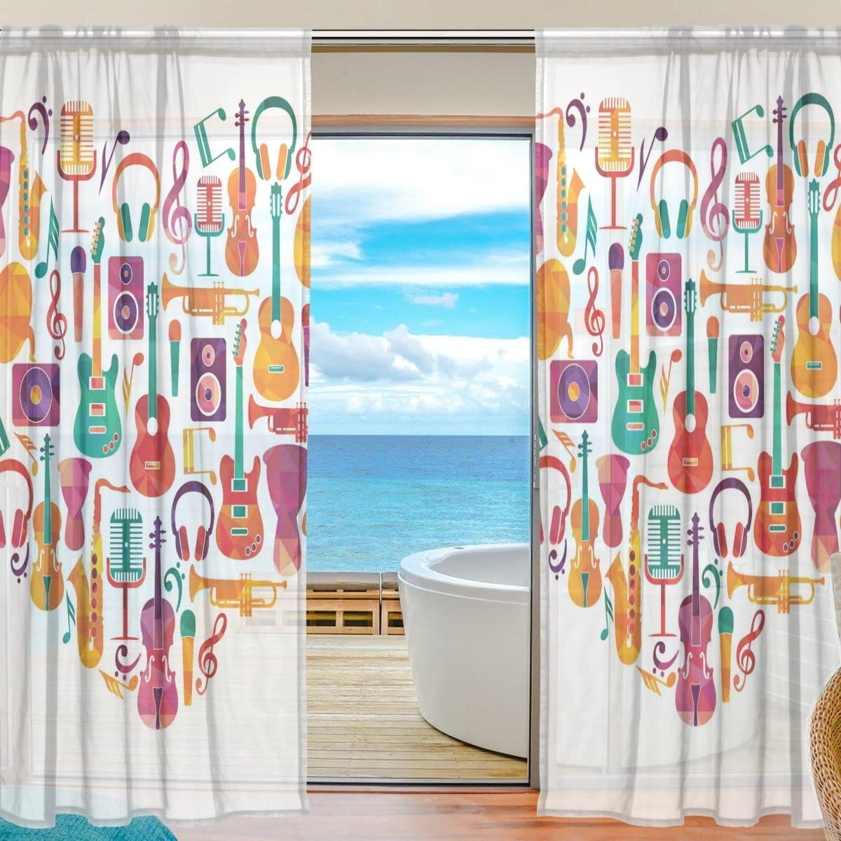 FREEAMG Love Heart Music Instruments Sheer Window Curtain Panel Drape ...