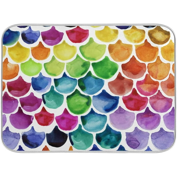 FREEAMG Mermaid Scales Watercolor Dish Drying Mat Countertop Protector Kitchen Decor 18"× 24", Microfiber Multi-Purpose Counter Rack Sink Drainer Pad