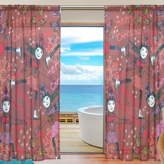 FREEAMG Merry Christmas Skating Girl Sheer Window Curtain Panel Drape 55x78 Inch for Living Room Bedroom Kids Room 2 Piece