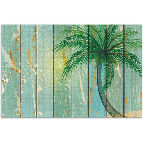 FREEAMG Old Color Coconut Tree on Wooden Texture 1000 Piece Jigsaw Puzzle, Wall Artwork Puzzle Games for Adults Teens 29.5" L X 19.7" W