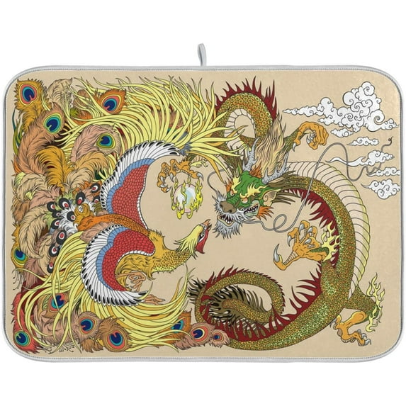 FREEAMG Oriental Couple Dragon Phoenix Absorbent Dish Drying Mat, 16 Inch x 18 Inch Microfiber Kitchen Countertop Table Protector Multi-Purpose Counter Rack Sink Drainer Pad