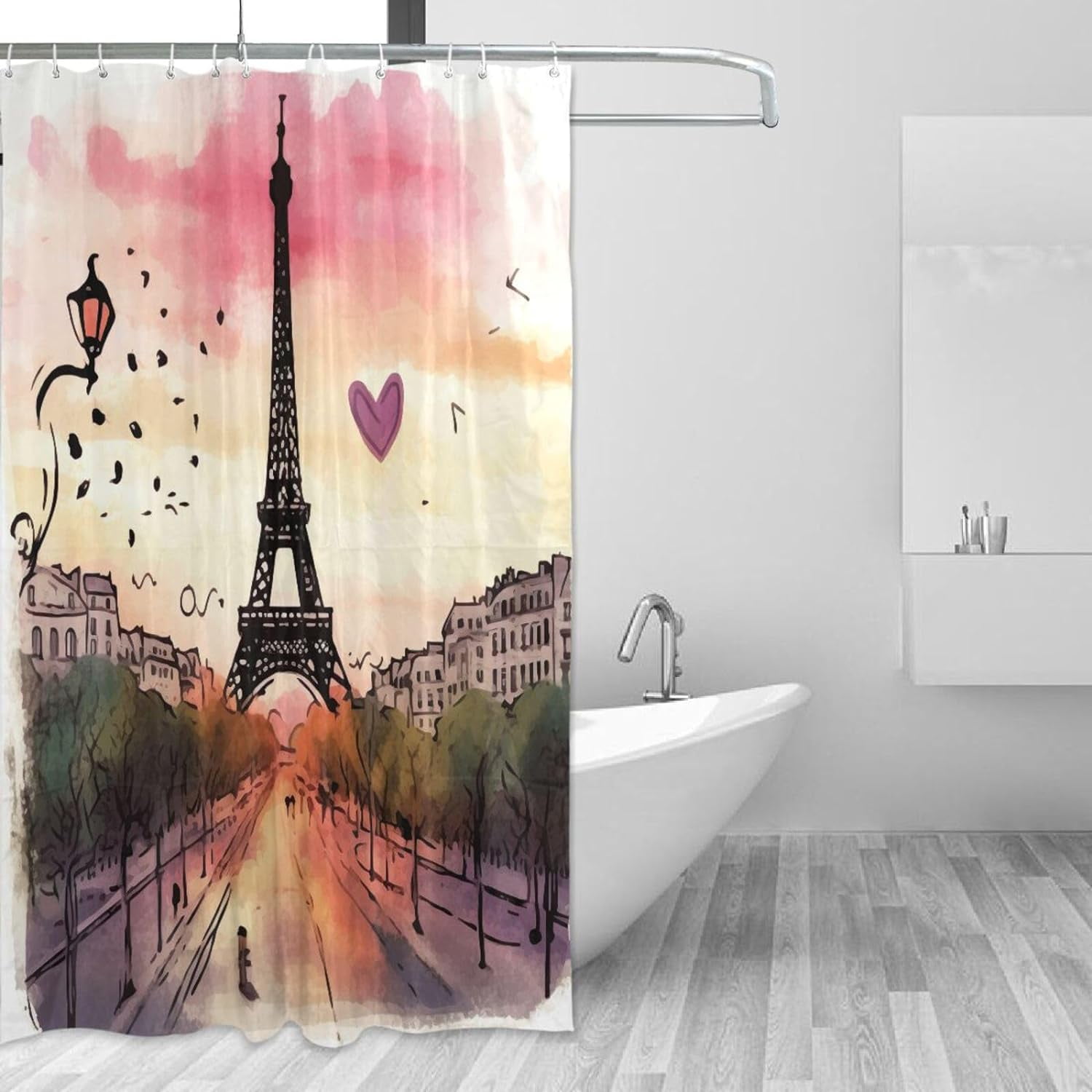 Bathroom Shower Curtain Set 4 Pcs Eiffel Tower Shower Curtain Sets,Pink  Floral Paris Street Scenery European France City Oil Painting 70\, image size:1500x1500