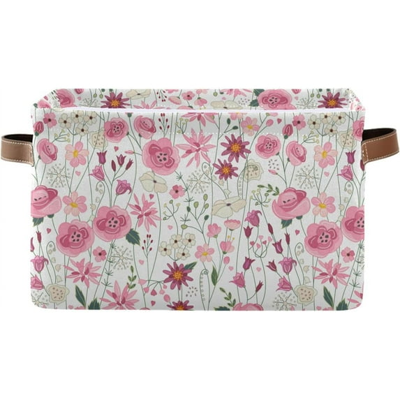 FREEAMG Pink Flowers Foldable Canvas Storage Bin, Sturdy Fabric Storage Basket with Handles, Storage Cube Box for Organizing Shelf Nursery Toy Closet 1PCS
