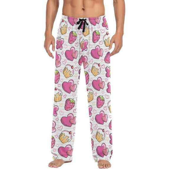 FREEAMG Pink Heart Cake Strawberry Pajama Pants for Men, Men's Separate Bottoms, Comfortable Sleep Lounge Pj Pants