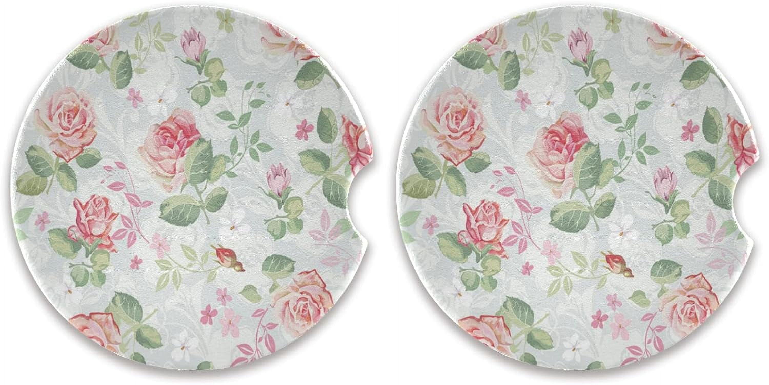 FREEAMG Pink Rose Car Coasters 2 Pieces, Absorbent Ceramic Cork Base ...