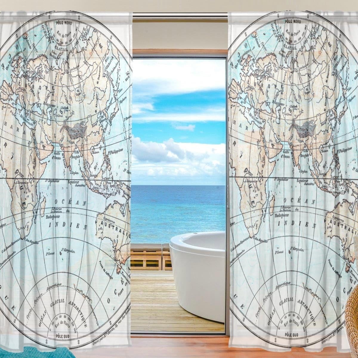 FREEAMG Political World Map Sheer Window Curtain Panel Drape 55x84 Inch ...