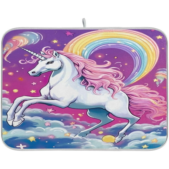 FREEAMG Rainbow Clouds Unicorn Dish Drying Mat for Kitchen Counter, Ultra Absorbent Reversible Microfiber Dishes Drying Rack Pad Heat-resistant Mats 18x24in