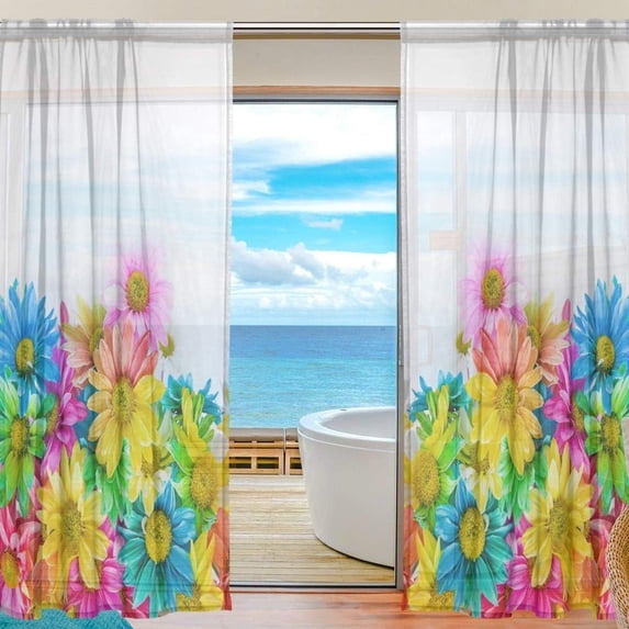 FREEAMG Rainbow Colorful Flower Daisies Sheer Curtains Window Voile Panels Drapes Tulle Curtains Semi Sheer Curtains 78 Inches Long for Living Room Bedroom, Set of 2