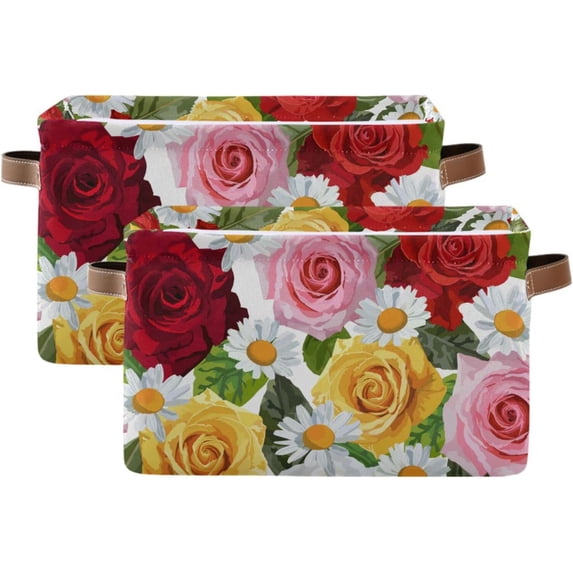 FREEAMG Rose Daisy Storage Basket with Handles Collapsible Storage Bins Canvas Fabric Storage Organizer for Shelves Closet Bedroom Living Room 2Pack