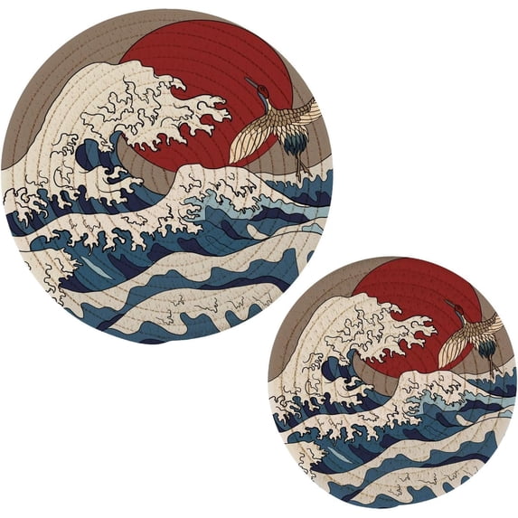 FREEAMG Round Cotton Trivets Pot Holders 2PCS for Hot Pots and Pans and Pot Holders Cooking and Baking Placemat, Kitchen Placemat Hot Pad Coasters 7/9In-Japanese Waves