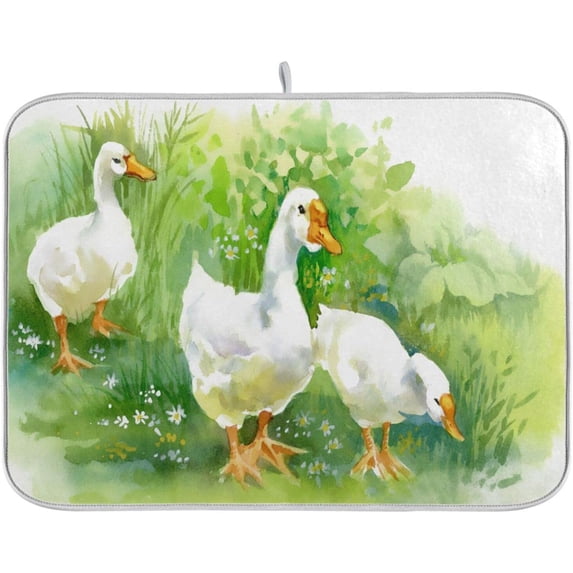 FREEAMG Rural Green Grass White Ducks Easter Absorbent Dish Drying Mat Microfiber Kitchen Decor Countertop Table Protector Multi-Purpose Counter Rack Sink Drainer Pad 16 x 18 Inches