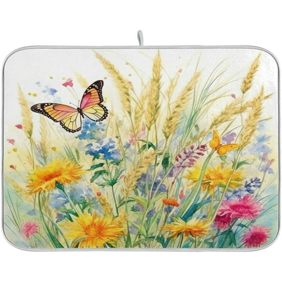 FREEAMG Rustic Wildflowers Butterfly Dish Drying Mat for Kitchen Counter, Ultra Absorbent Reversible Microfiber Dishes Drying Rack Pad Heat-resistant Mats 16x18in
