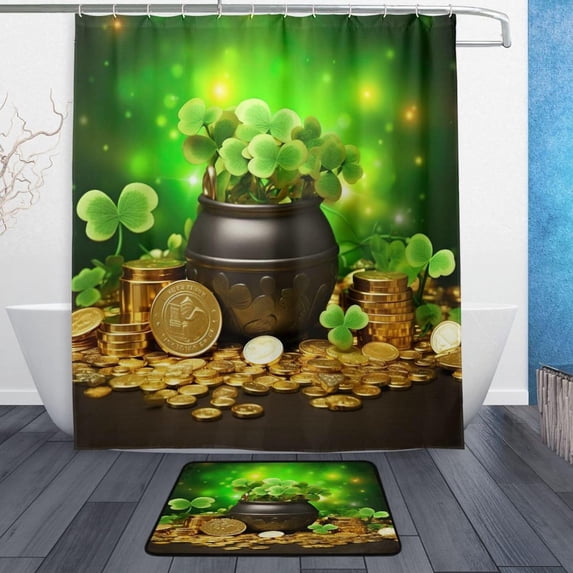 FREEAMG Saint Patrick's Day Lucky Grass and Gold Coins Bath Curtain Rugs Sets 2 Pcs, Bathroom Theme Set with Shower Curtain and Non-Slip Carpet -12 Hooks-60X72in