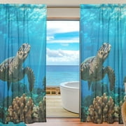 FREEAMG Sea Turtle Among The Coral Reef Sheer Window Curtain Panel Drape 55x84 Inch for Living Room Bedroom Kids Room 2 Piece