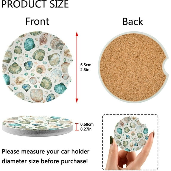FREEAMG Seashell Pattern Car Coasters 2 PCS Drinks Absorbent Ceramic Stone Car Coasters with Fingertip Grip Car Cup Holder Coasters