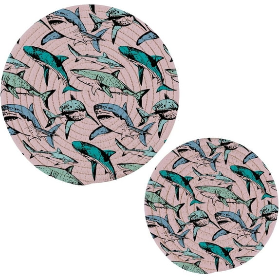FREEAMG Sharks Placemats Set of 2, Woven Washers, Cotton, Round Large Pot Holder, Heat Resistant, for Pot Countertops
