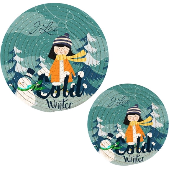 FREEAMG Snowman Girl Winter Tree Heat Resistant Trivets Potholders 2PCS,Round Cotton Weave Handmade Pot Holder, Non-Slip Hot Mats Kitchen Dining Plate Mat