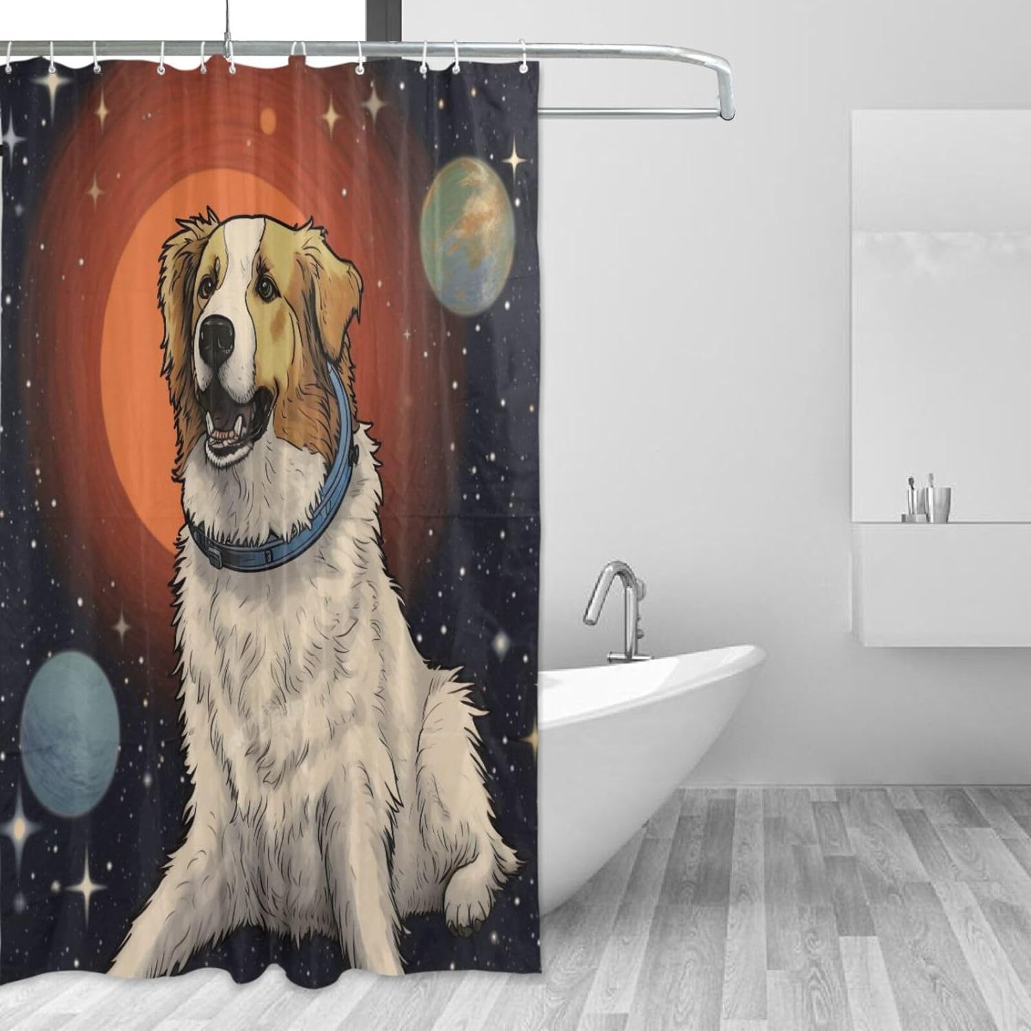 Curated visual reference: Picture Idea: Freeamg Space Dog Shower Curtain Waterproof Fabric Shower Curtains