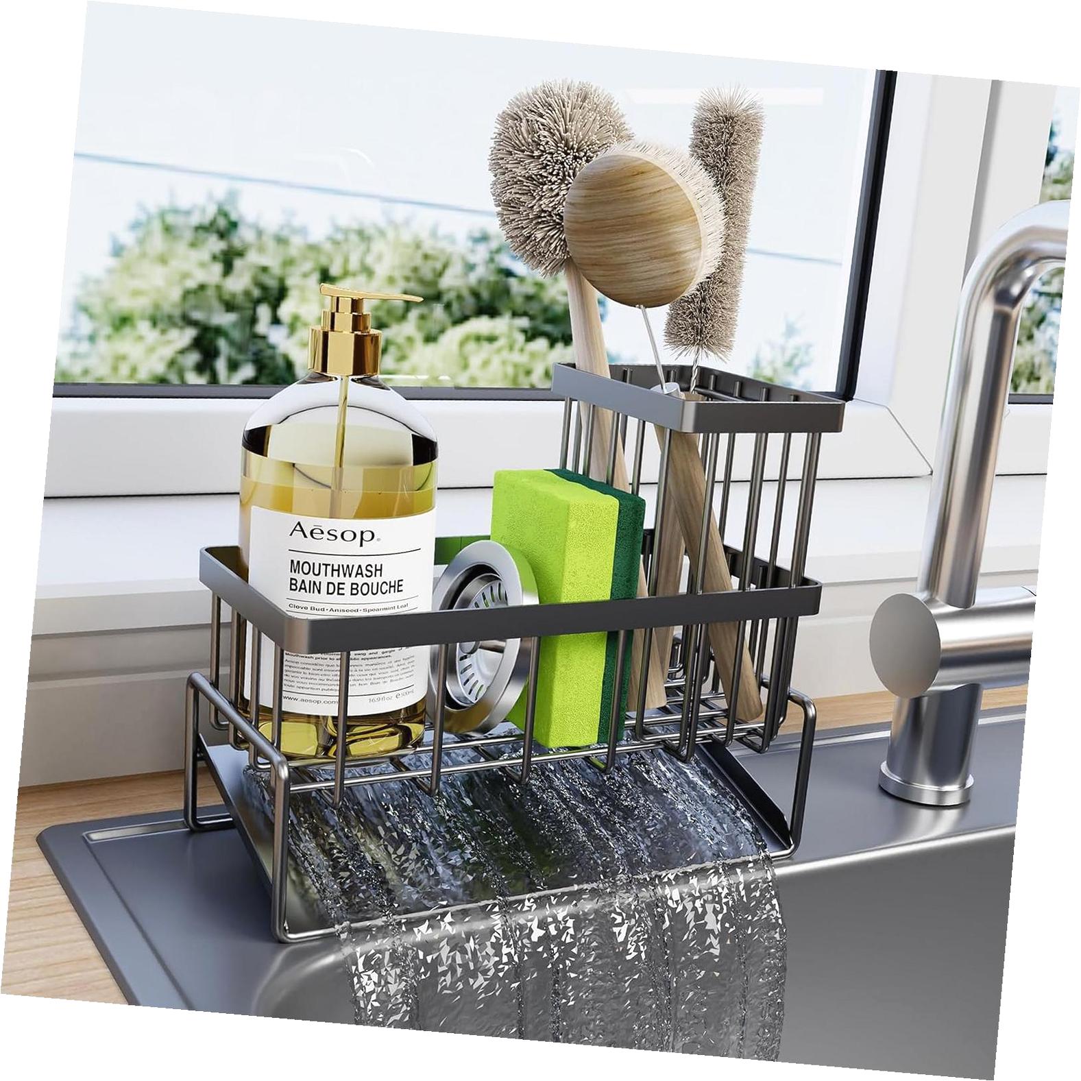 Kitchen Sink Organizer & Sponge Holder Set - Stainless Steel Sink Caddy With Adhesive Holders, Quick-Dry Storage