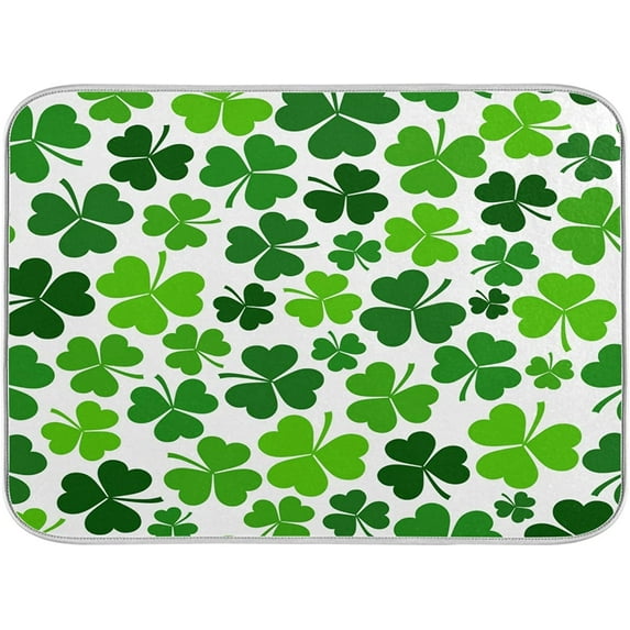 FREEAMG St. Patrick's Day Dish Drying Mat for Kitchen Counter, Green Clover Leaves Shamrocks Ultra Absorbent Reversible Microfiber Dishes Drying Rack Pad Heat-resistant Mats 18x24in