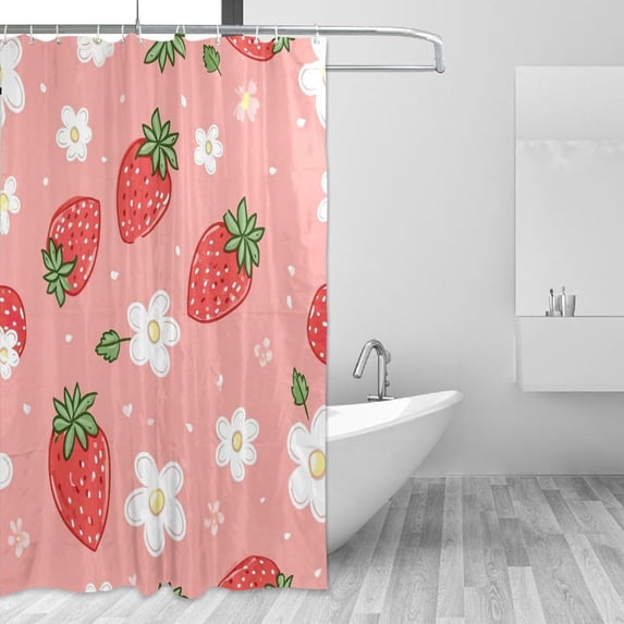 FREEAMG Strawberries Flowers Shower Curtain Waterproof Fabric with 12 Hooks Bathroom Decorative Bath Curtain Set Polyester Fabric Machine Washable 60 x 72 Inch