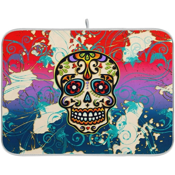 FREEAMG Sugar Skull Art Painting Day Of The Dead Absorbent Dish Drying Mat Microfiber Kitchen Countertop Table Protector Multi-Purpose Counter Rack Sink Drainer Pad 16"x 18"