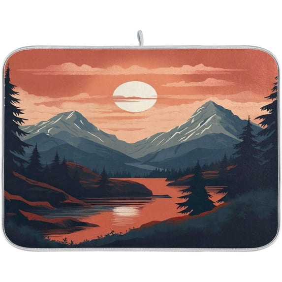 FREEAMG Sunset Mountain Painting Dish Drying Mat for Kitchen Counter, Ultra Absorbent Reversible Microfiber Dishes Drying Rack Pad Heat-resistant Mats 18x24in