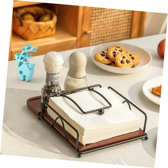 FREEAMG Table Napkin Holder with Salt and Pepper Shakers, Napkin Dispenser Featuring a Weighted Arm, Black Napkin Organizer for Dining, Tabletop Decor, Kitchen, Home Bar, Party, Hotel (Wood