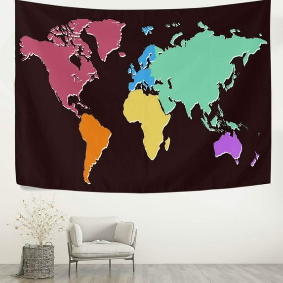 FREEAMG Tapestry Colorful World Map Black Tapestry Wall Hanging Decorative Wall Tapestries Wall Art Wall Blanket Bedding Tapestry for Bedroom Living Room Dorm Home Decor 80"x60"