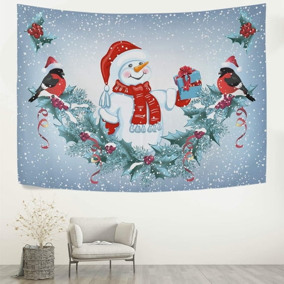 FREEAMG Tapestry Wall Hanging Christmas Cute Snowman Santa Hat Snowflake Birds Tapestry Decorative Tapestries Wall Art Wall Blanket Bedding Tapestry for Bedroom Living Room Dorm 90"x60"