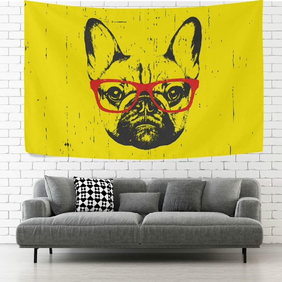 FREEAMG Tapestry Wall Hanging Vintage French Bulldog with Glasses Tapestry Decorative Wall Tapestries Wall Art Wall Blanket Bedding Tapestry for Bedroom Living Room Dorm 80x60 inch