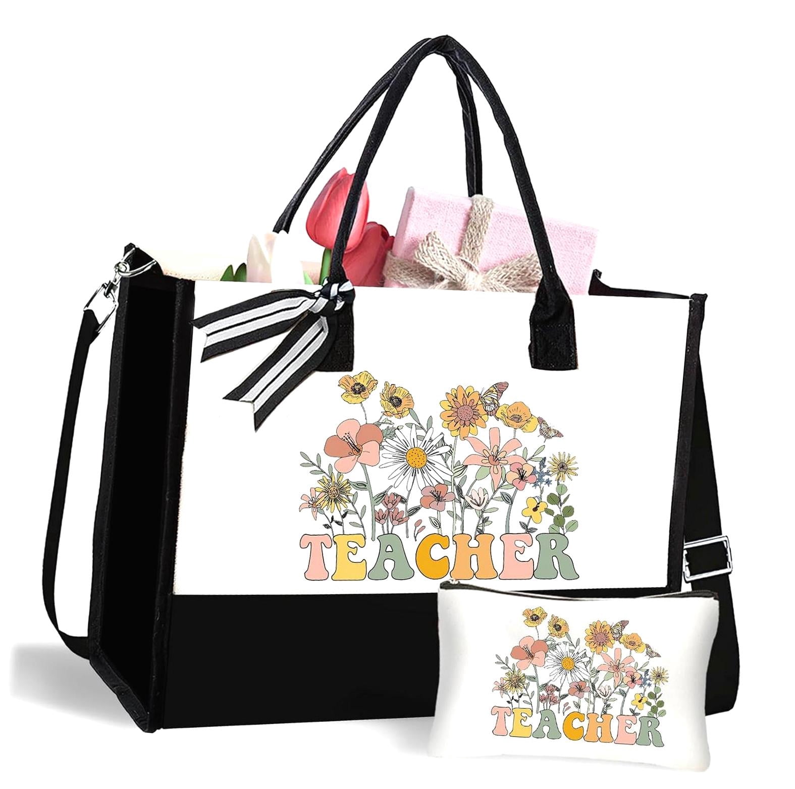 FREEAMG Teacher Appreciation Canvas Tote Bag with Makeup Bag, Funny ...