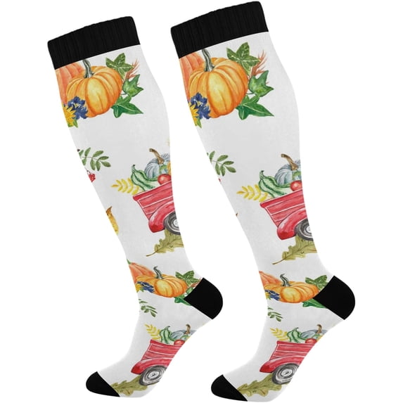 FREEAMG Thanksgiving Pumpkin Compression Socks for Men & Women Knee High Stockings for Running, Sport, Hiking & Travel