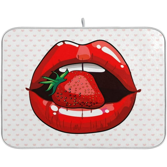 FREEAMG Trendy Strawberry Lips Absorbent Dish Drying Mat Microfiber Kitchen Decor Countertop Table Protector Multi-Purpose Counter Rack Sink Drainer Pad 16 x 18 Inches