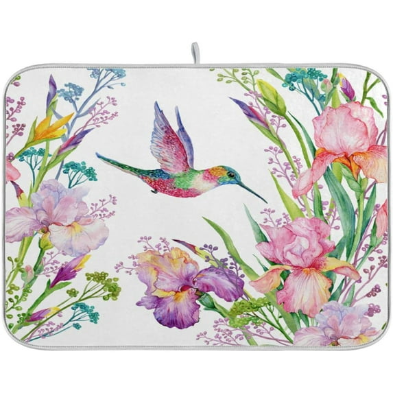 FREEAMG Tropical Irises Flowers Hummingbirds 16 x 18 Inches Absorbent Dish Drying Mat Microfiber Kitchen Countertop Table Protector Multi-Purpose Counter Rack Sink Drainer Pad