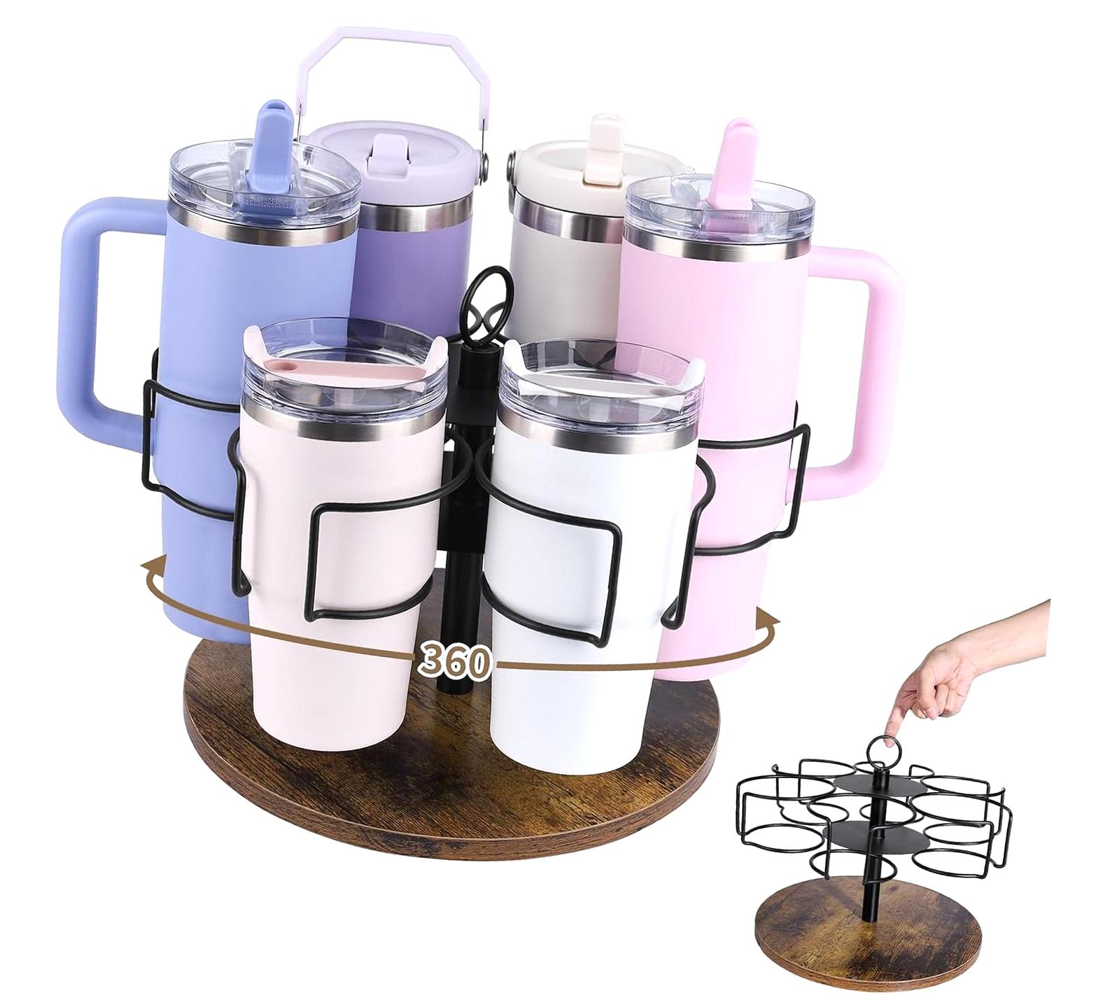TOAPER Stanley Tumbler Organizer – 6-Slot Rotating Cup Holder With Hooks For 40oz, 30oz, 20oz Tumblers
