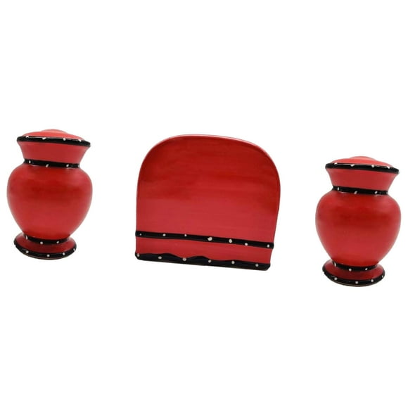 FREEAMG Tuscany Hand Painted Red Ruffle Salt and Pepper, Napkin Holder Set, 85228