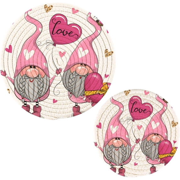 FREEAMG Valentine's Day Cute Gnome Heat Resistant Trivets Potholders 2PCS,Round Cotton Weave Handmade Pot Holder, Non-Slip Hot Mats Kitchen Dining Plate Mat35