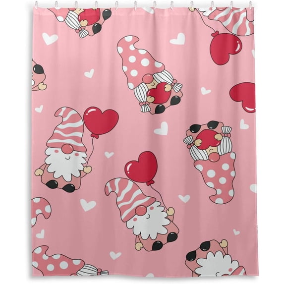 FREEAMG Valentine's Day Gnome Shower Curtain with Hooks, Waterproof Washable Fabric Shower Curtain for Bathroom Bathtub Decor, 60"x 72"