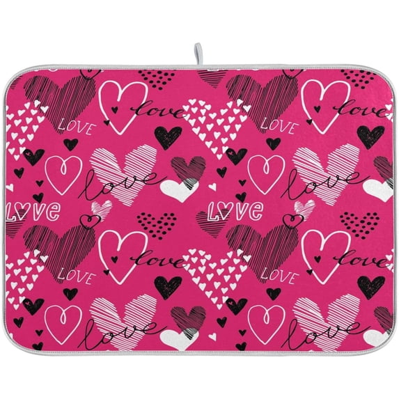 FREEAMG Valentine's Day Heart Dish Drying Mat for Kitchen Counter,Super Quick Absorbent Composite Sponge Dish Drying Pad,Heat Resistant Non-Slip Rack Tableware Mat, 16x18 Inch
