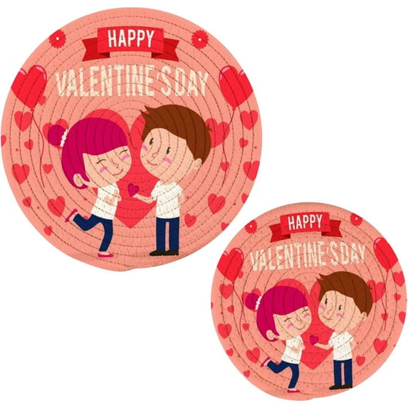 FREEAMG Valentine's Day Love Heart Heat Resistant Trivets Potholders 2PCS,Round Cotton Weave Handmade Pot Holder, Non-Slip Hot Mats Kitchen Dining Plate Mat39